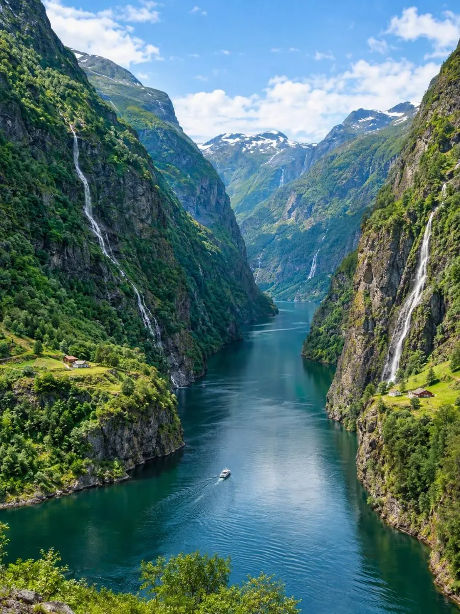 Le Nærøyfjord étroit entre des parois montagneuses vertes imposantes, un petit bateau loin en contrebas